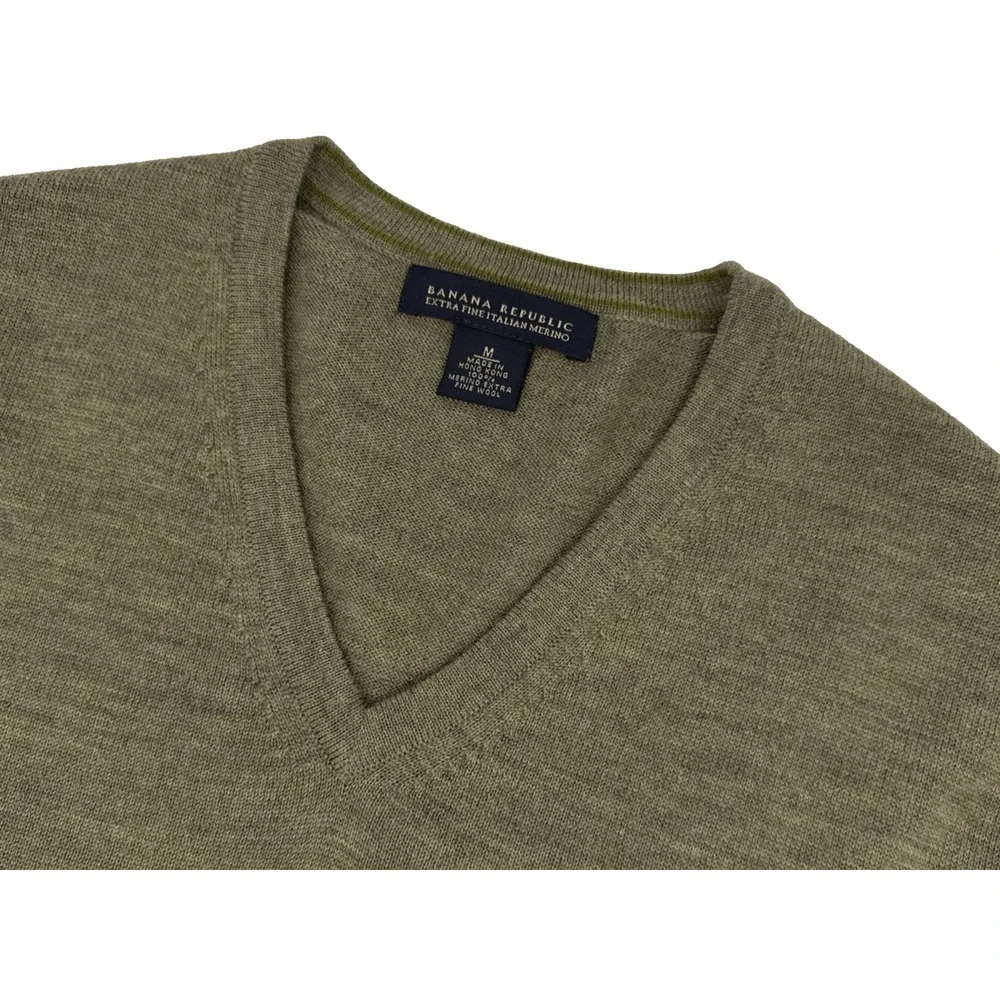 Banana Republic Sweater Men M Italian Merino Wool V Neck Olive Green Lightweight